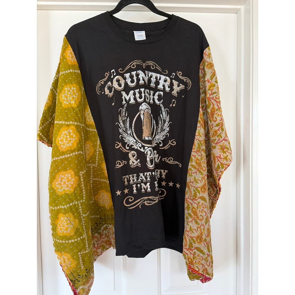Country Music and Beer Upcycled Kantha Tunic Top Shirt OS Boho - Picture 2 of 3